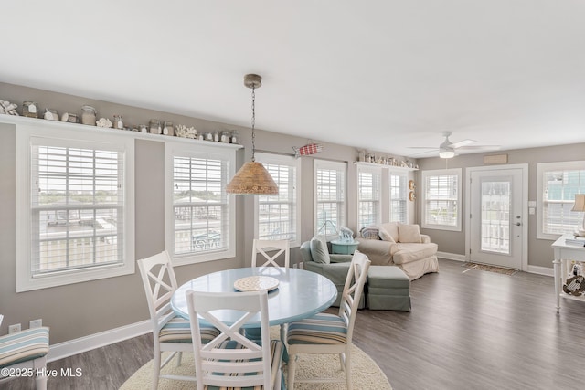 299 Waterway Dr, Sneads Ferry, NC 28460 - dining room with baseboards, dark wood-style floors, and a ceiling fan