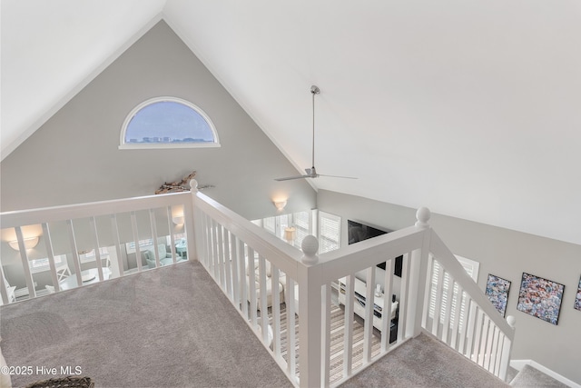 299 Waterway Dr, Sneads Ferry, NC 28460 - stairs featuring high vaulted ceiling, a ceiling fan, and carpet floors