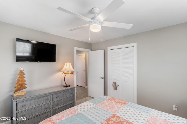 299 Waterway Dr, Sneads Ferry, NC 28460 - bedroom featuring a closet, a ceiling fan, and wood finished floors