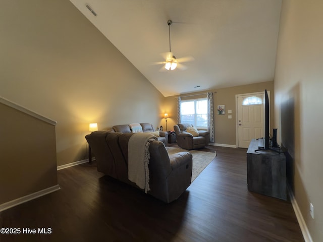 141 Jessie Cir, Hubert, NC 28539 - living area featuring high vaulted ceiling, a ceiling fan, and dark wood finished floors
