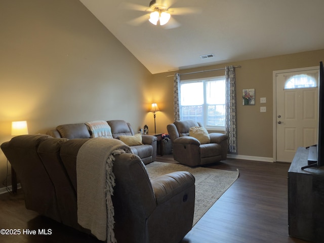 141 Jessie Cir, Hubert, NC 28539 - living area with a ceiling fan, dark wood finished floors, and high vaulted ceiling
