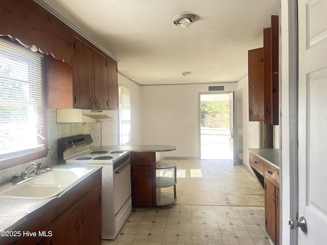 2023 NC-211 Hwy, Eagle Springs, NC 27242 - kitchen with white electric range, light floors, a sink, and under cabinet range hood