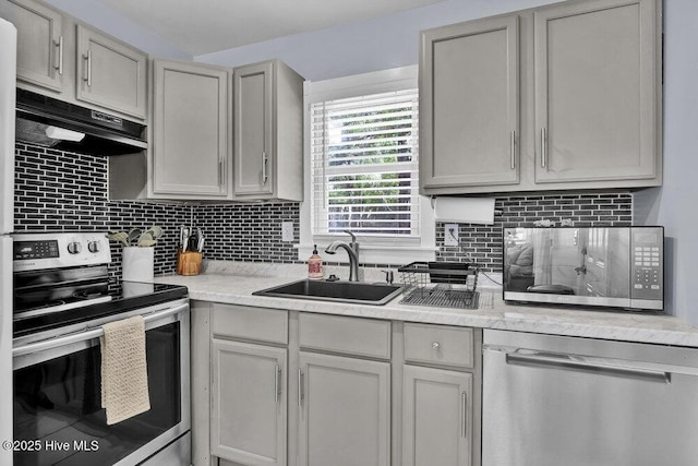 323 Cape Fear Blvd, Wilmington, NC 28401 - kitchen featuring appliances with stainless steel finishes, under cabinet range hood, a sink, and decorative backsplash