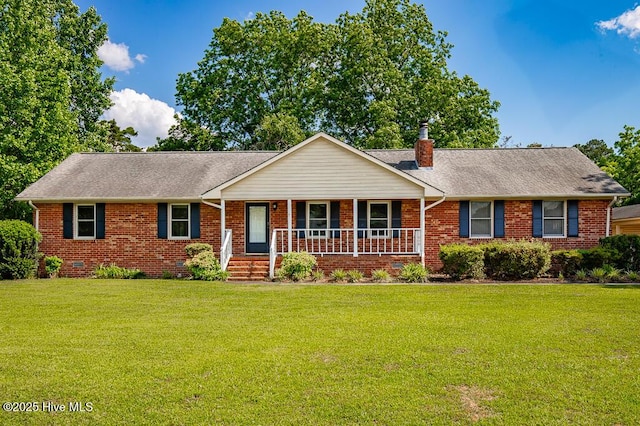 4909 Creekside Dr, New Bern, NC 28562 - single story home featuring a porch, a front yard, brick siding, and a chimney
