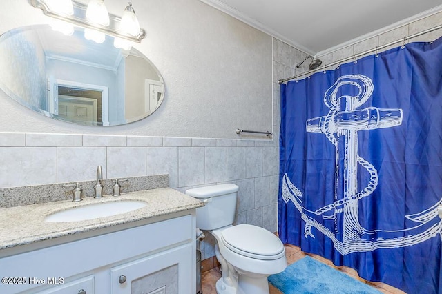 4909 Creekside Dr, New Bern, NC 28562 - bathroom featuring tile walls, ornamental molding, vanity, toilet, and a shower with curtain