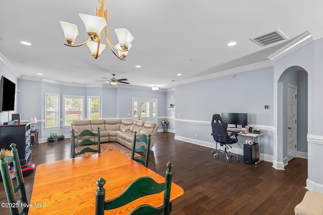 266 Marsh Haven Dr, Sneads Ferry, NC 28460 - dining area featuring arched walkways, recessed lighting, an office area, wood finished floors, and crown molding
