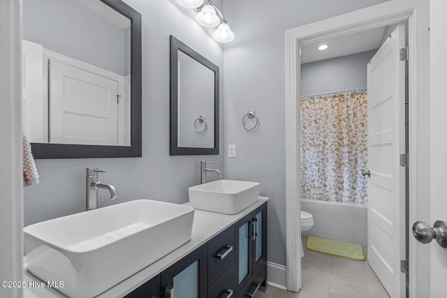 266 Marsh Haven Dr, Sneads Ferry, NC 28460 - full bathroom with toilet, double vanity, shower / bathtub combination with curtain, and recessed lighting