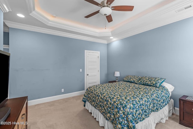 266 Marsh Haven Dr, Sneads Ferry, NC 28460 - bedroom with light carpet, a raised ceiling, recessed lighting, crown molding, and baseboards