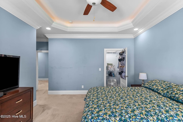 266 Marsh Haven Dr, Sneads Ferry, NC 28460 - bedroom featuring light carpet, ornamental molding, recessed lighting, ceiling fan, and baseboards
