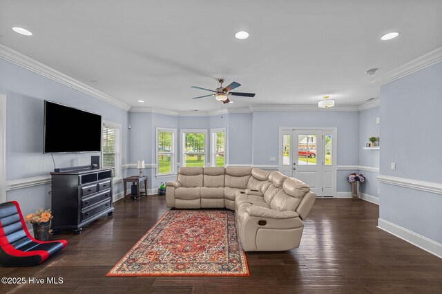266 Marsh Haven Dr, Sneads Ferry, NC 28460 - living area with a ceiling fan, recessed lighting, baseboards, hardwood / wood-style flooring, and ornamental molding