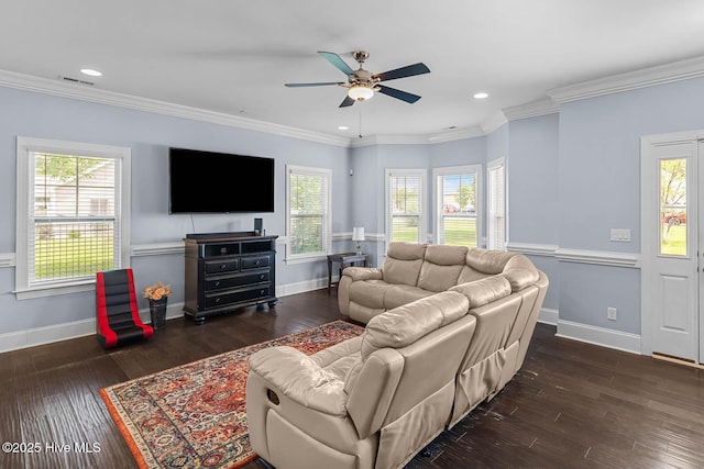 266 Marsh Haven Dr, Sneads Ferry, NC 28460 - living room with a ceiling fan, dark wood-type flooring, plenty of natural light, recessed lighting, and crown molding