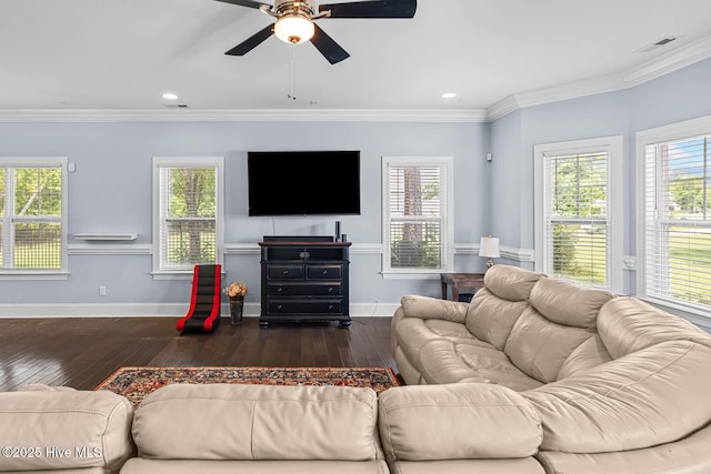 266 Marsh Haven Dr, Sneads Ferry, NC 28460 - living area featuring healthy amount of natural light, a ceiling fan, hardwood / wood-style flooring, crown molding, and recessed lighting