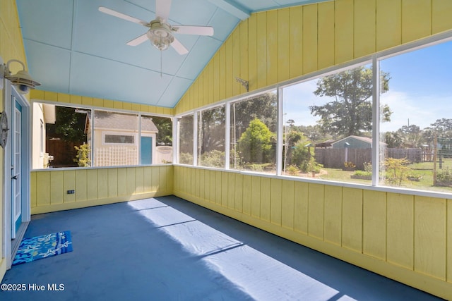 120 NW 19th St, Oak Island, NC 28465 - unfurnished sunroom with vaulted ceiling, ceiling fan, and plenty of natural light