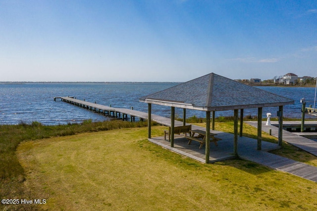 601 Trawler Pl, Newport, NC 28570 - dock featuring a gazebo, a water view, and a lawn