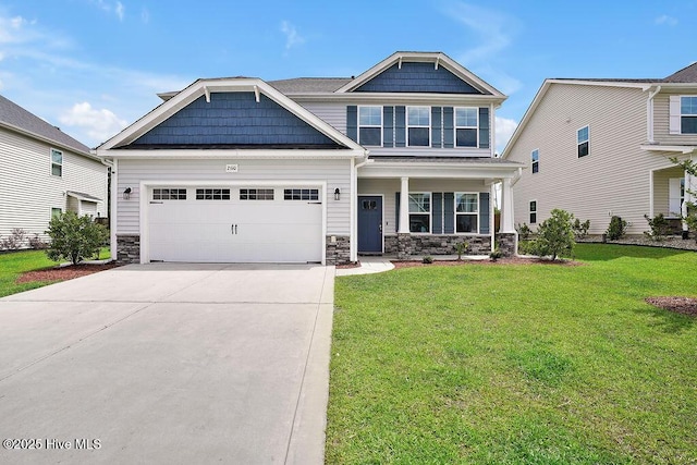 2610 Longleaf Pine Cir, Leland, NC 28451 - craftsman-style house featuring stone siding, driveway, a garage, and a front yard