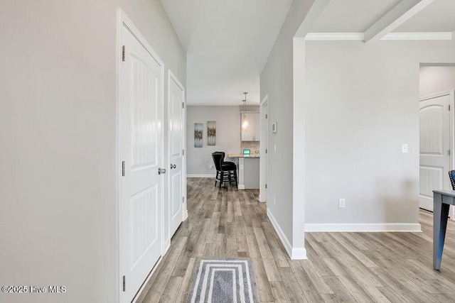 2610 Longleaf Pine Cir, Leland, NC 28451 - hallway featuring light wood-style flooring, baseboards, and ornamental molding