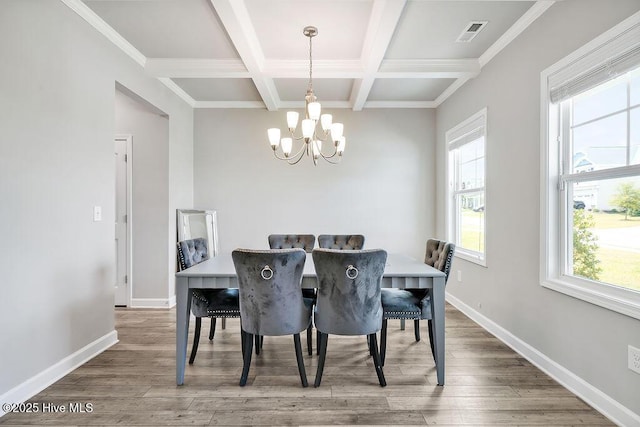 2610 Longleaf Pine Cir, Leland, NC 28451 - dining area with a chandelier, beam ceiling, wood finished floors, coffered ceiling, and baseboards