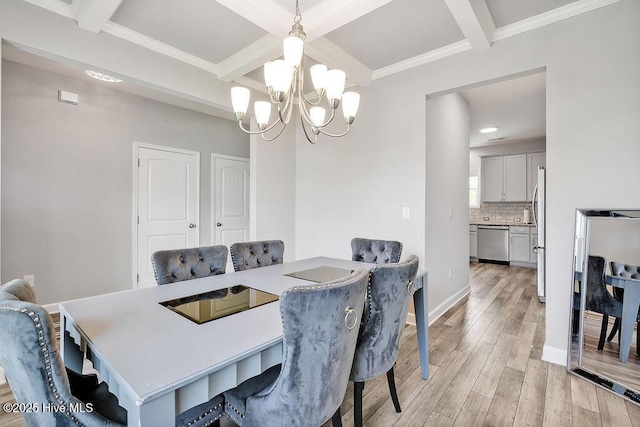 2610 Longleaf Pine Cir, Leland, NC 28451 - dining area featuring beam ceiling, light wood finished floors, a chandelier, coffered ceiling, and recessed lighting