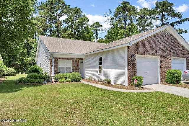 7475 Thais Trl, Wilmington, NC 28411 - ranch-style home with brick siding, an attached garage, a front lawn, concrete driveway, and roof with shingles