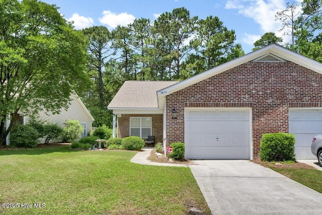 7475 Thais Trl, Wilmington, NC 28411 - view of front of home featuring brick siding, concrete driveway, a front yard, and an attached garage