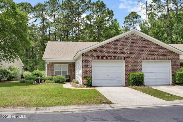 7475 Thais Trl, Wilmington, NC 28411 - view of front of house featuring brick siding, concrete driveway, a front yard, a garage, and a shingled roof