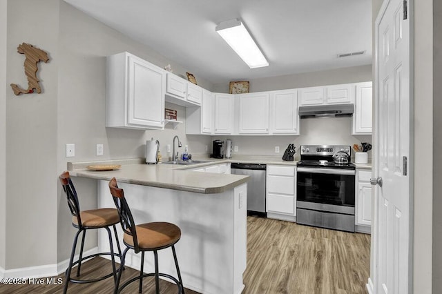 7475 Thais Trl, Wilmington, NC 28411 - kitchen featuring stainless steel appliances, under cabinet range hood, a peninsula, a sink, and white cabinetry