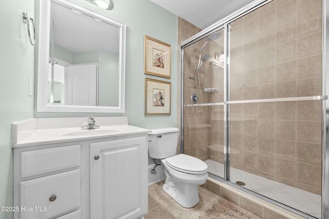 208 Sea Manor Dr, Surf City, NC 28445 - full bathroom with a stall shower, vanity, toilet, and tile patterned floors