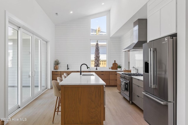 1100 S Sixth St, Carolina Beach, NC 28428 - kitchen featuring high quality appliances, wall chimney range hood, a sink, modern cabinets, and light wood-style flooring