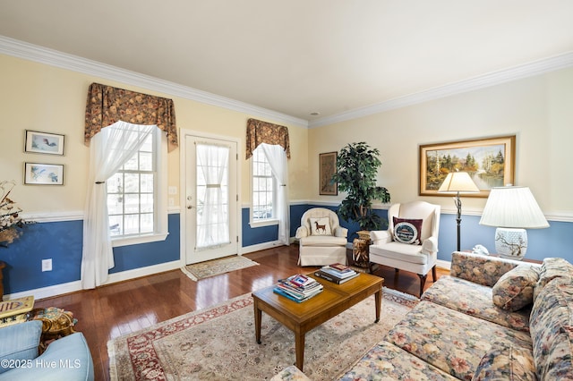 482 Riverwood Dr SE, Bolivia, NC 28422 - living area featuring ornamental molding, baseboards, and wood-type flooring