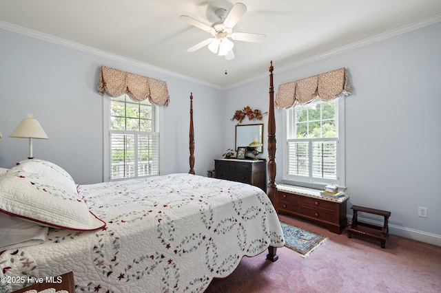 482 Riverwood Dr SE, Bolivia, NC 28422 - carpeted bedroom featuring multiple windows, crown molding, baseboards, and a ceiling fan