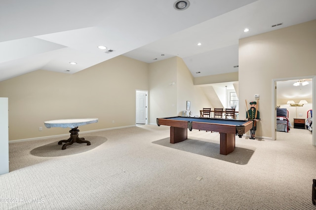482 Riverwood Dr SE, Bolivia, NC 28422 - game room featuring lofted ceiling, billiards, carpet flooring, baseboards, and recessed lighting