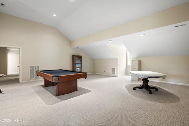 482 Riverwood Dr SE, Bolivia, NC 28422 - rec room with lofted ceiling, pool table, carpet floors, baseboards, and recessed lighting