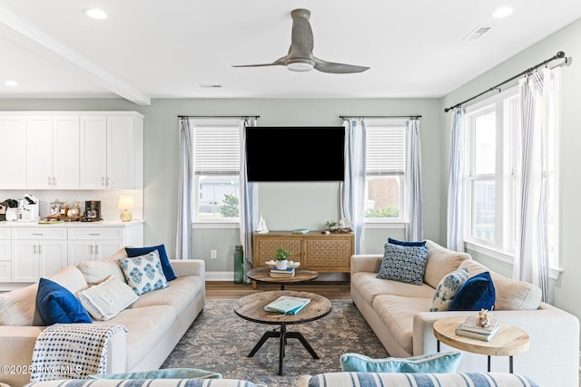 822 S Topsail Dr Unit B, Surf City, NC 28445 - living area featuring light wood-type flooring, beamed ceiling, recessed lighting, a ceiling fan, and baseboards