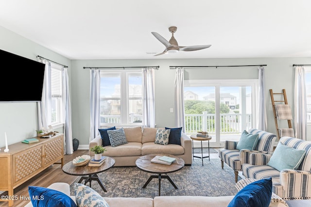 822 S Topsail Dr Unit B, Surf City, NC 28445 - living area featuring wood finished floors, healthy amount of natural light, and ceiling fan