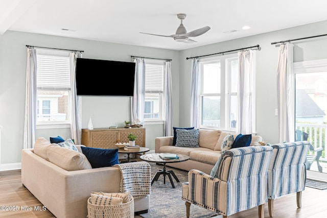 822 S Topsail Dr Unit B, Surf City, NC 28445 - living room with light wood finished floors, ceiling fan, recessed lighting, and baseboards