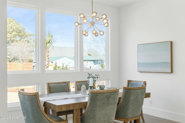 609 Augusta Ave, Carolina Beach, NC 28428 - dining area with a chandelier, plenty of natural light, baseboards, and wood finished floors