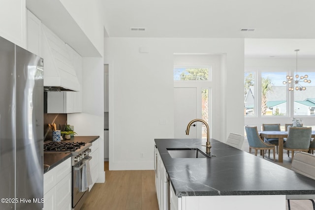 609 Augusta Ave, Carolina Beach, NC 28428 - kitchen with appliances with stainless steel finishes, a sink, dark countertops, and a center island with sink