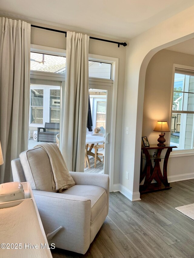 8941 Cobble Ridge Dr, Wilmington, NC 28411 - living area featuring wood finished floors, arched walkways, healthy amount of natural light, and baseboards