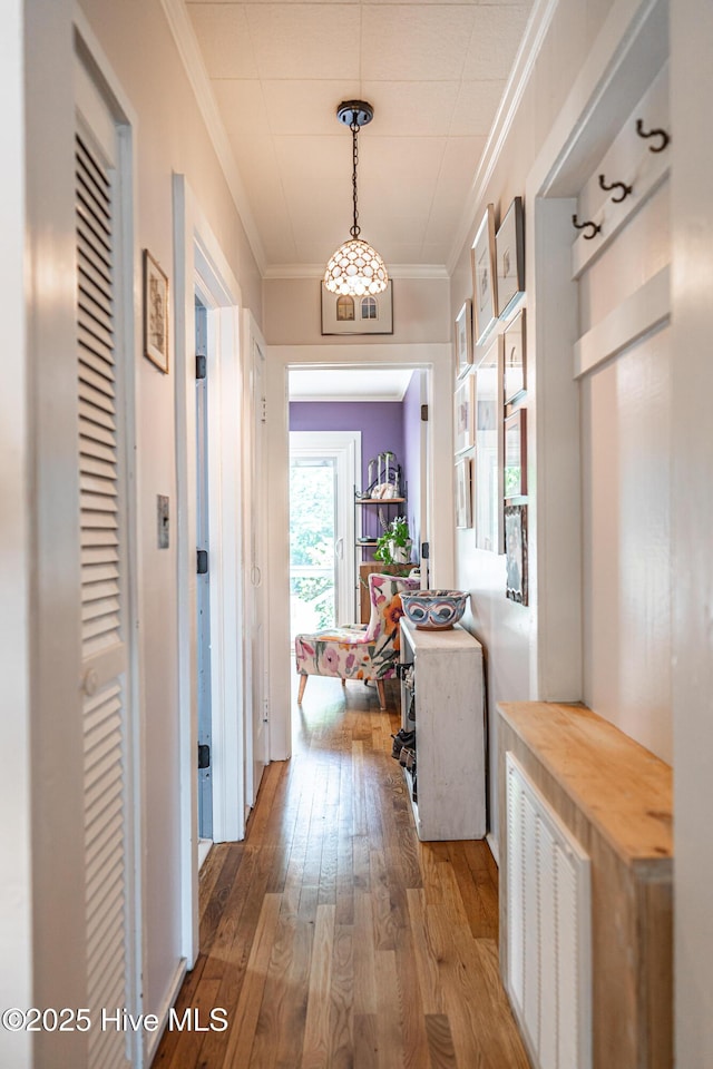 hallway featuring ornamental molding and hardwood / wood-style floors