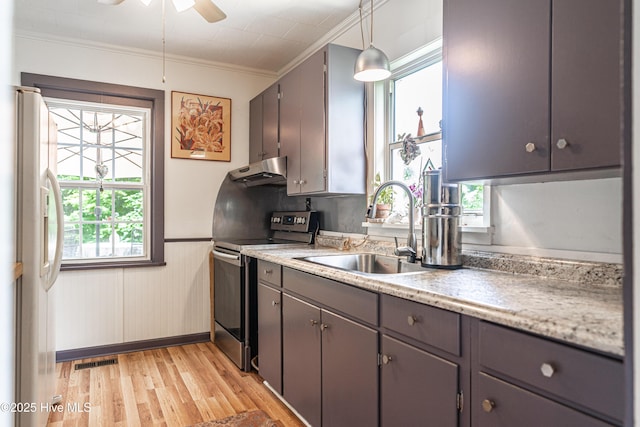 kitchen with electric range, freestanding refrigerator, under cabinet range hood, a sink, and light wood-style floors