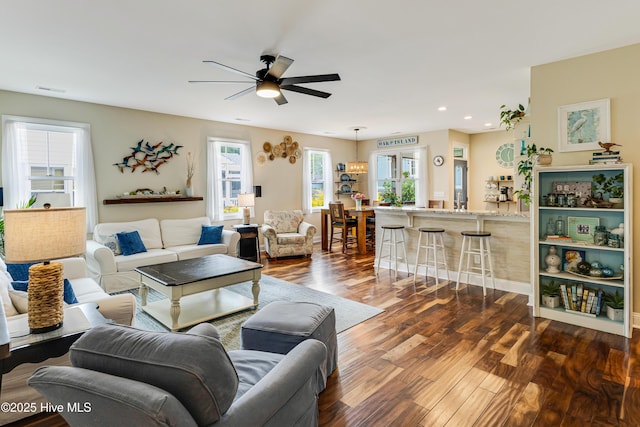 104 NE 63rd St, Oak Island, NC 28465 - living area with ceiling fan, dark wood finished floors, and recessed lighting