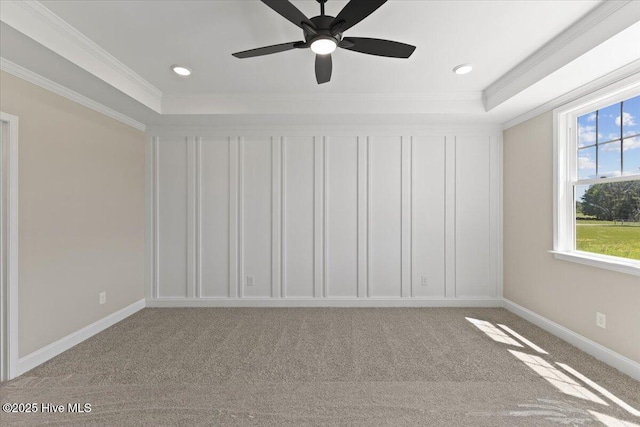 2190 Heartland Rd, Battleboro, NC 27809 - carpeted empty room with ornamental molding, a raised ceiling, baseboards, recessed lighting, and ceiling fan