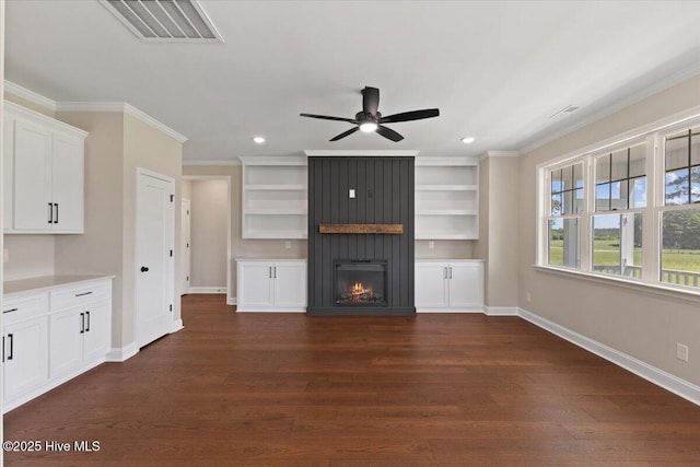 2190 Heartland Rd, Battleboro, NC 27809 - unfurnished living room with crown molding, a ceiling fan, dark wood-style flooring, baseboards, and recessed lighting