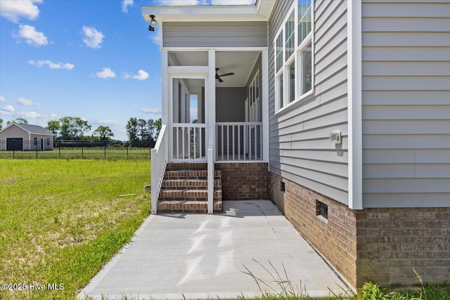 2190 Heartland Rd, Battleboro, NC 27809 - entrance to property featuring crawl space, a ceiling fan, and a patio