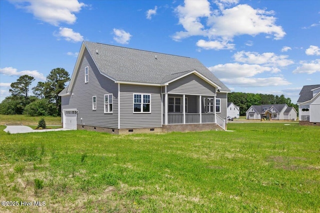 2190 Heartland Rd, Battleboro, NC 27809 - rear view of property featuring crawl space, a garage, a sunroom, a lawn, and a shingled roof