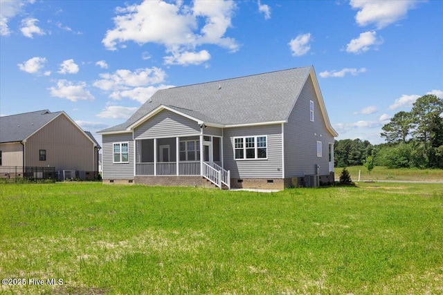 2190 Heartland Rd, Battleboro, NC 27809 - rear view of property with crawl space, a sunroom, a lawn, and a shingled roof