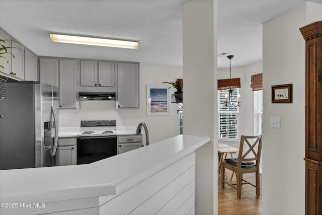 5109 Gate Post Ln, Wilmington, NC 28412 - kitchen featuring electric stove, stainless steel refrigerator with ice dispenser, gray cabinetry, and a textured ceiling