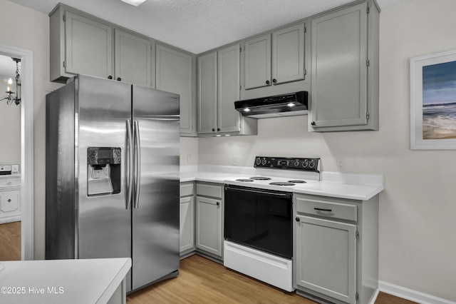 5109 Gate Post Ln, Wilmington, NC 28412 - kitchen featuring stainless steel refrigerator with ice dispenser, range with electric stovetop, under cabinet range hood, gray cabinets, and a textured ceiling