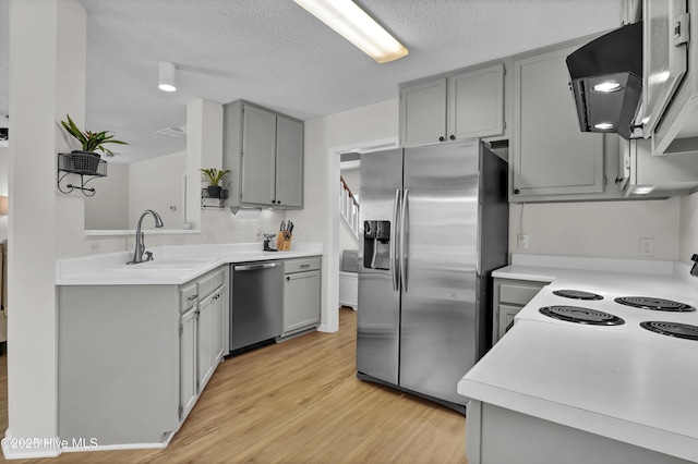 5109 Gate Post Ln, Wilmington, NC 28412 - kitchen with appliances with stainless steel finishes, gray cabinets, a sink, exhaust hood, and light wood-type flooring