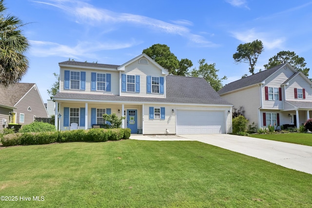 5109 Gate Post Ln, Wilmington, NC 28412 - view of front of house with driveway, an attached garage, a front lawn, and covered porch